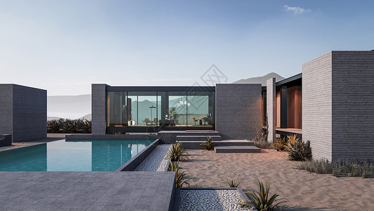 3D 现代房屋的插图花园房子窗户项目投资露台热带抵押渲染反射图片