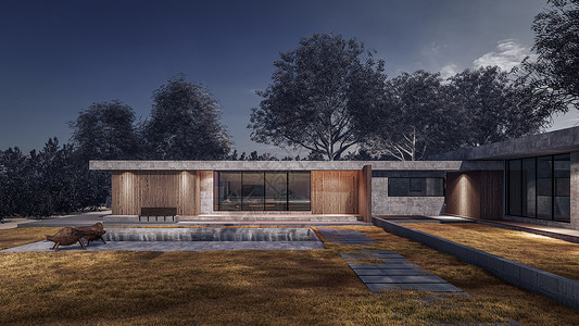 3D 展示现代房屋与自然景观的插图入口住宅抵押反射窗户奢华露台项目草地天空背景图片
