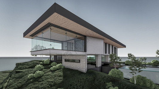 3D 展示现代房屋与自然景观的插图渲染住房露台住宅项目奢华房子热带花园窗户背景图片