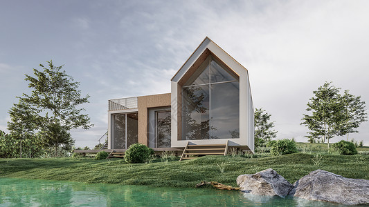 3D 展示现代房屋与自然景观的插图房子别墅草地热带奢华天空窗户项目住宅反射背景图片