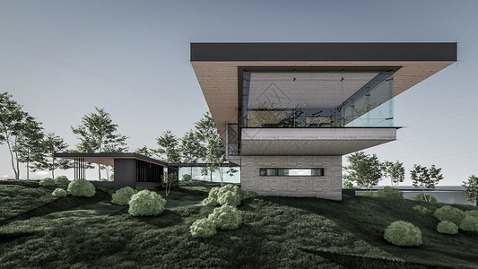 3D 现代房屋的插图草地入口热带项目抵押奢华花园露台别墅天空图片