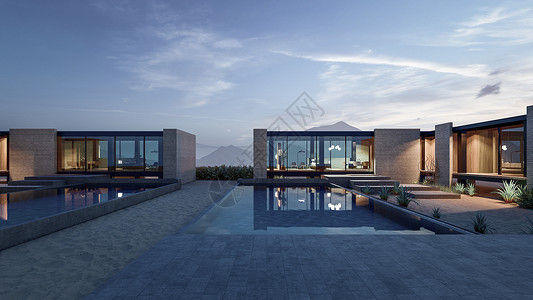 3D 展示有游泳池的现代房子窗户奢华抵押草地热带露台别墅项目住宅入口图片