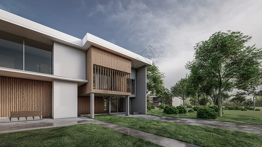 3D 展示现代房屋与自然景观的插图草地花园奢华住宅入口项目反射房子热带窗户背景图片