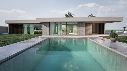 3D 展示有游泳池的现代房子财产住房窗户奢华住宅天空投资抵押插图渲染背景图片