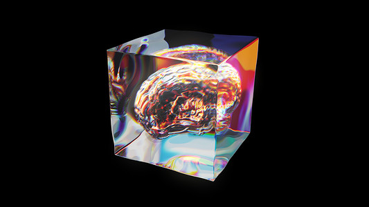人类大脑在玻璃中的立方体抽象组成 有详细的反射和3D分散成形背景图片