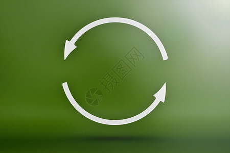 生态 回收符号 白色箭头形成一个圆圈 绿色背景上的 3D 图像 绿色产品 绿色可再生能源 上下指向的图表能量清洁工世界垃圾活力技背景图片
