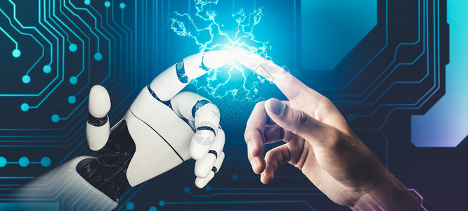 协作机器人未来人工机器人人造智能概念的全新理论思考合作人工智能界面商业科学手臂世界支持男人3d背景