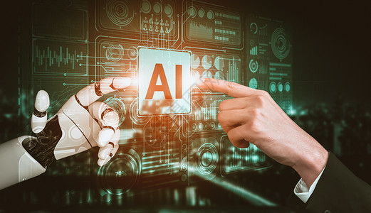 ai按钮素材AI 机器人机器人或机器人的未来人工智能和机器学习数据现实深度男人科学手臂科技智能研究世界背景