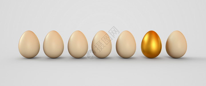 四个一回合一排白蛋中的金蛋 复活节鸡蛋 3D插图背景