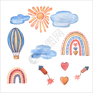 年龄手绘素材在天空水彩剪贴画飞翔 儿童木制玩具 热气球 彩虹 克洛德 太阳 心 烟花 苗圃手绘艺术装饰 宝贝男孩 孤立在白色背景上的插图背景