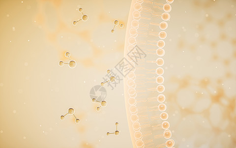 磷脂双分子层黄色背景的细胞膜 3D介质技术渗透生物学渲染生活生物运输细胞实验室原子背景