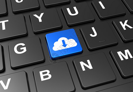 键盘按钮素材特写蓝色按钮 在黑键盘上显示乌云下载符号背景