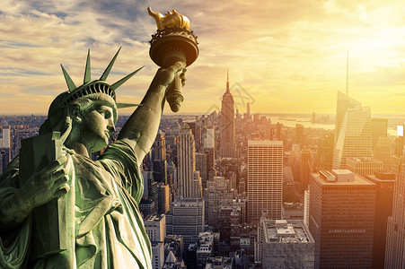 大镲icon曼哈顿日落雕像地标吸引力天空摩天大楼自由城市移民工作历史性背景