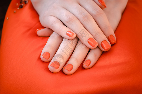 美丽的女性手与红指甲和指甲图片