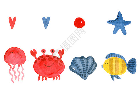 海洋动物元素一群有趣的水彩动物 不同的海洋动物背景