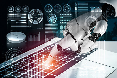 汇款未来机器人人造智能概念的进化图表软件电子人数据智力人士股票商业男人机械手背景