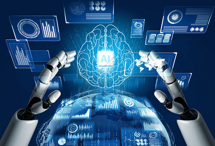 未来产业未来机器人人造智能概念的进化技术创新设计电脑决策算法开发机器手臂现实背景