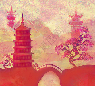 日本的山峰日出艺术插图文化寺庙天空日落建筑宝塔花朵花瓣背景图片