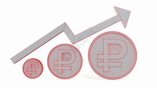 俄罗斯卢布 增加的图标上升了 3D硬币涂鸦商业渲染速度投资市场金融黑与白数据背景