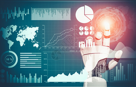 银行机器人未来人工机器人人造智能概念的全新理论思考经济增长科学金融数据电子人智力手臂图表创新外汇背景