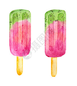 手绘冰淇淋水彩手绘插图的两个粉红色绿色红色水果冰棒冰淇淋 猕猴桃西瓜浆果甜点 甜美可口的健康食品 夏季菜单街头咖啡馆 冷冻果汁糖衣背景