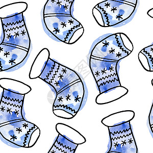 水彩无缝手画图案 圣诞节新年装饰品和白色背景的袜子蓝绿绿绿色 现代卡通风格现代黑面线潮流当代冬季12月设计背景