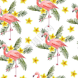 水彩粉色背景无缝手绘水彩图案与粉红色的火烈鸟 浪漫的情侣相爱 棕榈叶鸡蛋花 热带异国情调的鸟玫瑰火烈鸟 动物插图 婚礼请柬背景