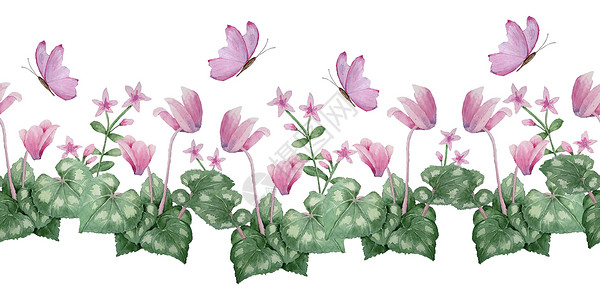 粉色植物边框水彩手绘无缝水平边框插图粉色紫色仙客来野生花卉蝴蝶 森林木林地自然植物 逼真的设计叶花瓣 婚礼卡 请柬背景