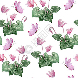 紫色手绘花瓣水彩手绘无缝图案插图粉色紫色仙客来野生花卉蝴蝶 森林木林地自然植物 逼真的设计叶花瓣 对于婚礼卡 请柬背景