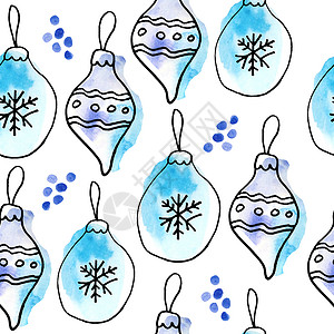 水彩无缝手画图案与圣诞新年装饰品球一样 白色背景的蓝色绿宝石 现代卡通风格现代黑面线潮流当代冬季12月设计模式背景图片