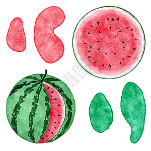 手绘水果插图红色和绿色西瓜的水彩手绘插图 夏季水果设计为派对装饰蔬菜背景 天然有机植物 切片 种子元素 新鲜食品概念织物甜点装饰品丛林食物打背景