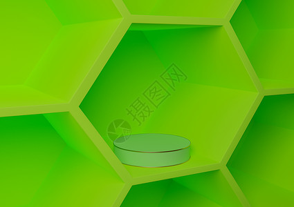明亮 霓虹绿色 3D 渲染产品展示蜂窝图案抽象背景 用于产品摄影自然 几何 简单模板圆柱平台讲台或展台背景图片