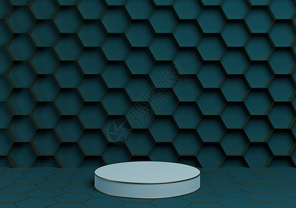 深青色 水蓝色 3D 渲染产品展示台豪华金色蜂窝抽象背景与圆柱支架最小 自然豪华蜂蜜产品的简单模板背景图片