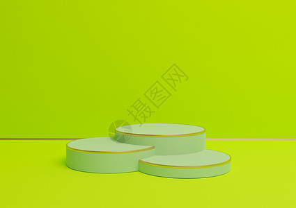 明亮 石灰 霓虹绿 3D 渲染简单的产品展示 带有三个讲台或带有金线的展台 用于豪华产品的最小背景组合背景图片