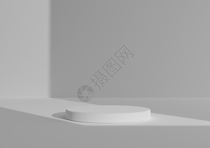 右侧变窄简单 最小的 3D 渲染组合与一个白色圆柱讲台或站在抽象阴影白色或浅灰色背景上 用于来自右侧的产品展示窗口灯背景