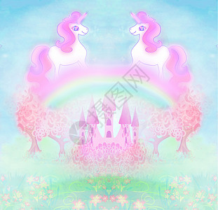 彩虹小马长着可爱独角兽彩虹和童话公主城堡的卡片明信片花朵风格天空织物女性孩子飞行乐趣墙纸背景