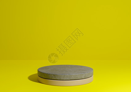 明亮的霓虹黄色 3D 渲染简单的产品展示 自然的最小背景 圆柱台架由混凝土和木材制成 用于天然产品背景图片
