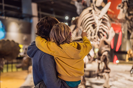 博物馆横幅词汇韩国首尔 爸爸和男孩在博物馆看恐龙骨架孩子猎人玩具挖掘怪物冒险化石教育颅骨野生动物背景
