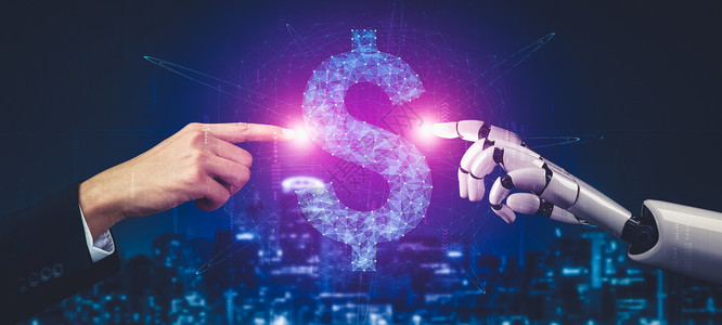 人类手臂AI 机器人机器人或机器人的未来人工智能和机器学习机器分析汇款学习智力软件金融货币营销股市背景