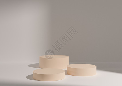 三个柔和 浅黄色的讲台或站在白色 浅灰色的背景上 用于产品展示 产品摄影 3D 渲染模型的最小构图 窗光来自右侧背景图片