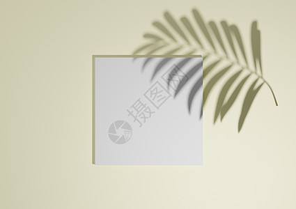 柔和 浅色 柑橘黄色 3D 渲染最小 简单的顶视图平铺产品展示背景 带有一个讲台架和棕榈叶阴影 用于自然产品背景图片