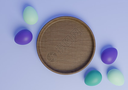 浅色 面糊蓝色3D 向上视图 平板非固定产品展示台或与彩色复活节鸡蛋和木制餐具站在一起背景图片
