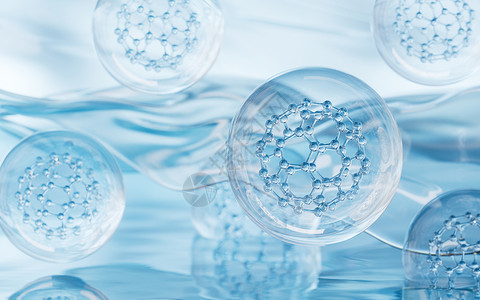 富勒烯具有水表层背景的分子 3D介质化学蓝色药店生物学微生物学液体原子药品化学品实验室背景