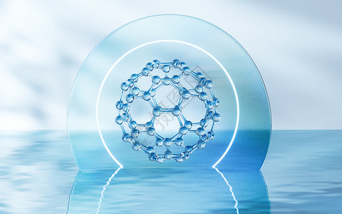 具有水表层背景的分子 3D介质液体化学品生物技术渲染药品合成药店化妆品卫生背景图片