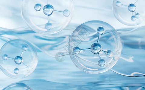 蓝色水分子具有水表层背景的分子 3D介质水分子技术药店化妆品合成化学品化学物理渲染药品背景