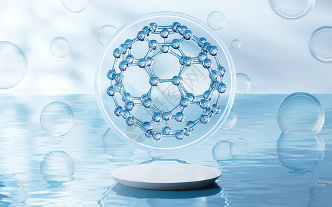 富勒烯具有水表层背景的分子 3D介质蓝色原子药品化学渲染液体技术水分子物理化学品背景