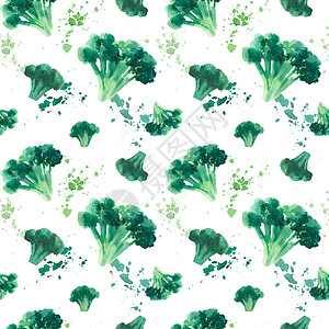绿色水彩涂料水彩色无缝模式 包括蔬菜花椰菜 白底涂料喷洒 厨房纺织业的无穷绿色模式背景