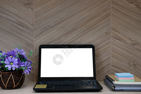 办公室办公桌上的电脑笔记本花 业务工作区笔记本花盆技术日记桌子职场教育背景图片