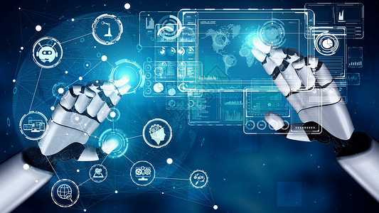 系统控制未来的机器人人造智能 启发AI技术概念的人类人工智能电子人电脑移动分析网站机械手图表商业科学股市背景