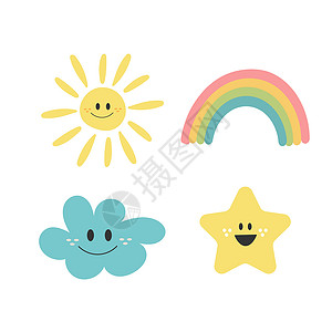 微笑的太阳可爱的手收集了人物云 彩虹 太阳和星星卡通片天空预报纺织品涂鸦插图绘画季节标识打印背景